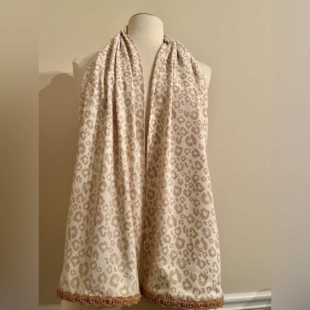 Handcrafted Soft and Cozy Cream Leopard Print Scarf with a Gold Trim